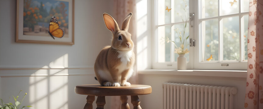 Adorable Cream Bunny Bathed in Golden Sunlight