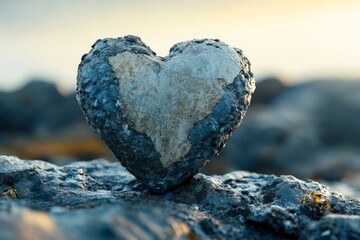 Fototapeta premium Heart-shaped rock balancing precariously on a larger rock, creating a serene and romantic scene at sunset