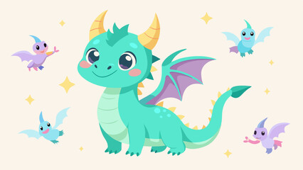 Cute Cartoon Dragon with Little Dragon Friends and Magical Stars