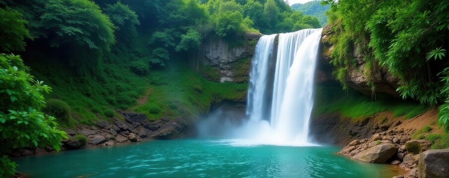 Serene Thai waterfall cascades down lush green cliffs , vibrant, refreshing, summer