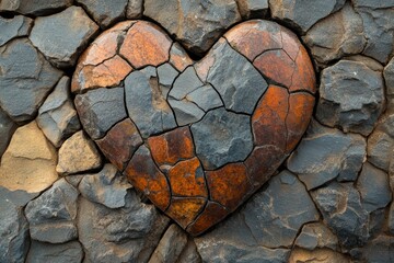 Heart-shaped stone with cracks symbolizing heartbreak, placed on a rough rock surface