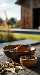 Fototapeta premium Exotic Bowl with Colorful Spices and Wooden Bowls on Patio in Warm Sunlight with Rich Textures and Shadows