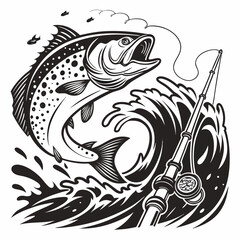 Jumping Trout with Rod – Black and White Fishing Vector Set