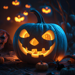 Scary halloween pumpkin face glowing in darkness high resolution image