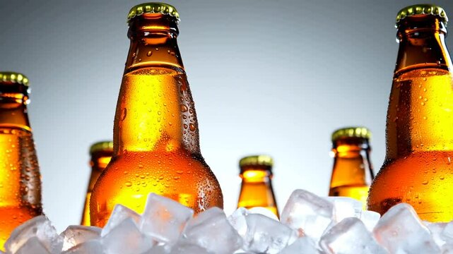 Cervezas frescas en botellin, entre cubitos de hielo.