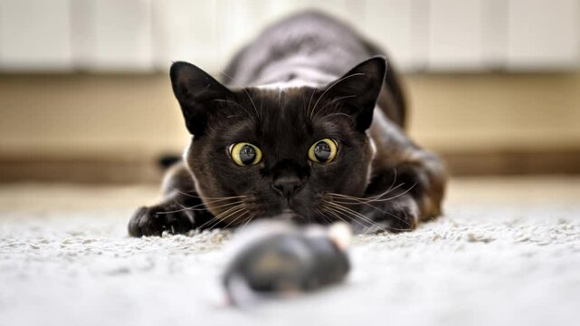 Cat hunting to mouse at home, Burmese kitten before attack, funny pet close-up, concept of play, predator, pounce.