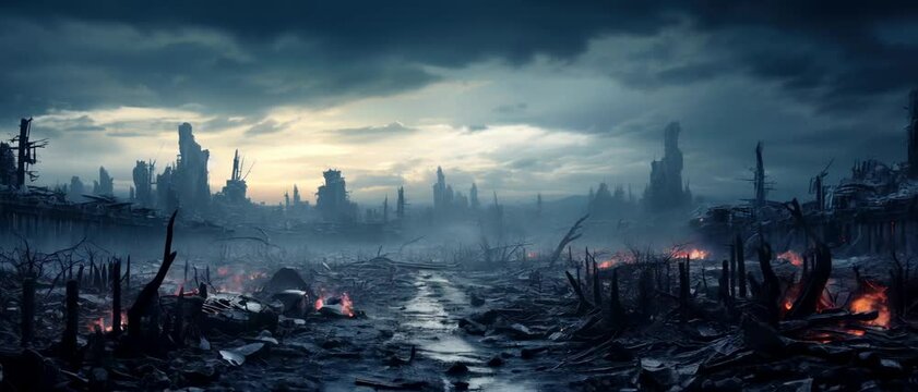 Post apocalypse after World war, apocalyptic destroyed city, panoramic view of futuristic landscape. Concept of destruction, disaster.