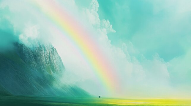 A vibrant rainbow arches over a lush green field with a misty mountain in the background under a soft blue sky. - Powered by Adobe
