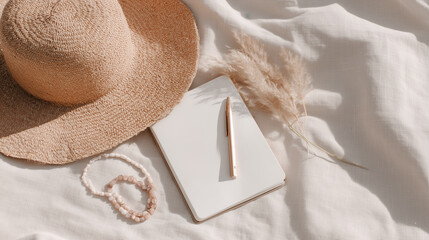 Summer flat lay with straw hat, blank notebook, pen, pampas grass and beaded bracelets on linen fabric. Natural light, boho style mockup scene for journaling, planning or branding.