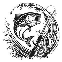 Jumping Trout with Rod – Black and White Fishing Vector Set