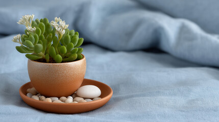 Small Terracotta Saucer with Succulent on Azure Bedspread