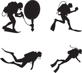 Silhouette Illustrations of Scuba Divers Underwater Exploration & Photography