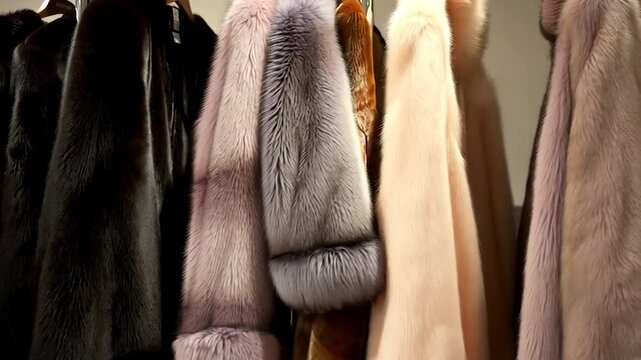 Fur coats of various colors on hangers