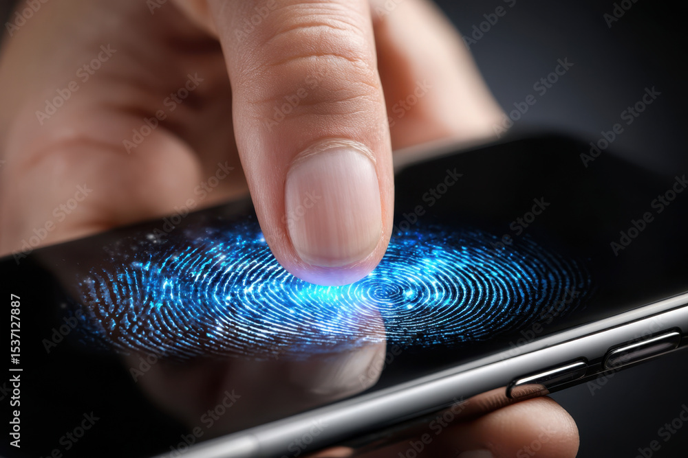 Poster fingerprint recognition technology in action on mobile device screen at close proximity