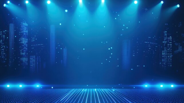 Blue-lit stage with spotlights and cityscape background, creating a futuristic ambiance