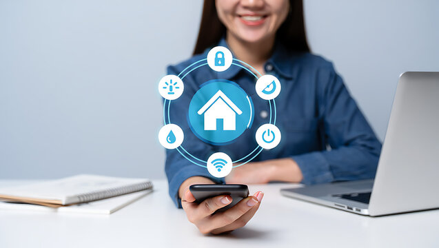 Woman using smartphone smart home app interface home automation