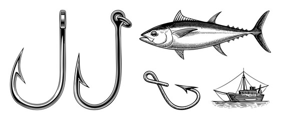 Vector Vintage fishing elements including hooks tuna and boat .