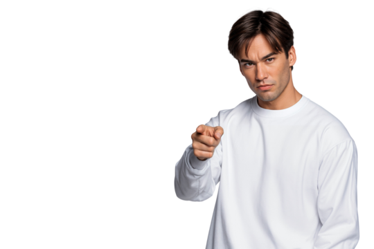 Furious man pointing directly with intense, angry expression, isolated on transparent background, conveying blame, confrontation, or warning