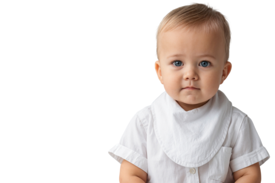 Adorable baby with blue eyes wearing a white shirt and bib, looking calmly at the camera. Isolated on transparent background
