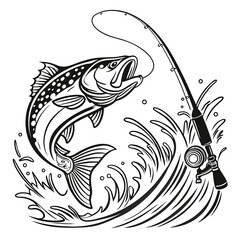 Jumping Trout with Rod – Black and White Fishing Vector Set