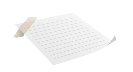 A piece of lined paper is taped at the top left corner, with the paper curling at the bottom right on transparent background