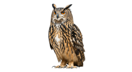 A majestic eurasian eagle owl with striking orange eyes standing alert and upright in a portrait view on transparent background