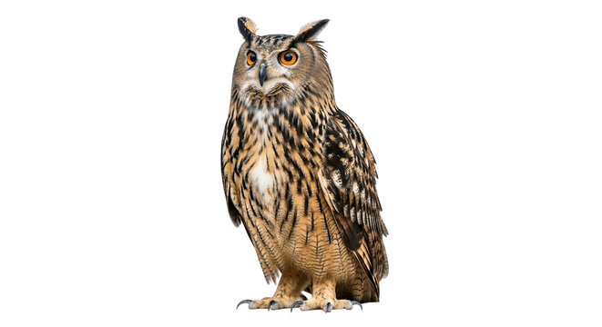 A majestic eurasian eagle owl with striking orange eyes standing alert and upright in a portrait view on transparent background