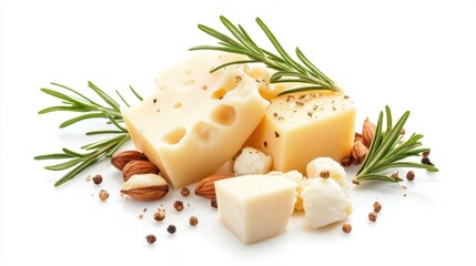 Assorted cheeses with rosemary and almonds on a white background