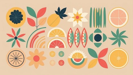 A creative flat illustration of nature-themed icons like oranges, lemons, petals, and leaves in a balanced, decorative grid layout.

