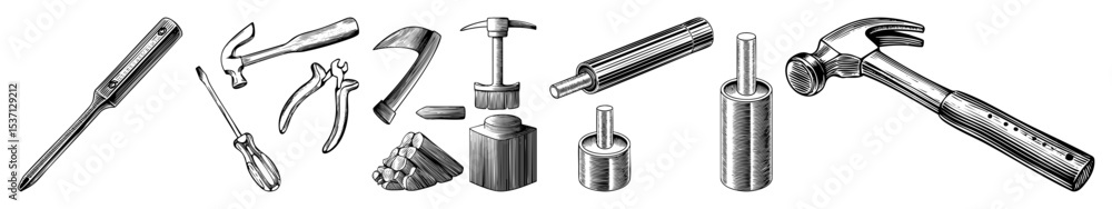 Poster vector detailed vector of assorted construction tools and hardware.