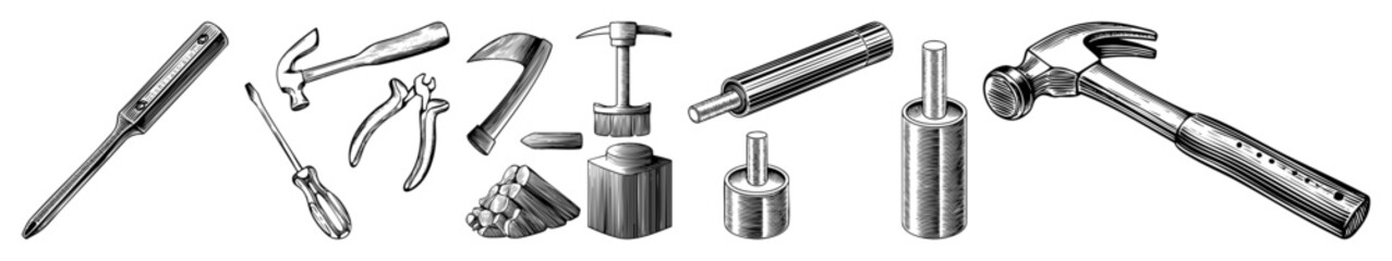 Vector Detailed vector of assorted construction tools and hardware.