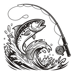 Jumping Trout with Rod – Black and White Fishing Vector Set