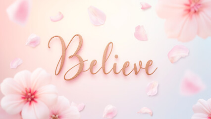 Inspirational Floral Composition with the Word Believe Surrounded by Delicate Pink Petals