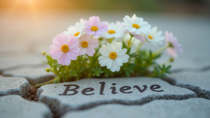 Inspirational Words on Stone with Colorful Flowers in Soft Morning Light