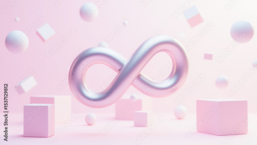 Poster abstract infinity symbol in 3d with soft colors and geometric shapes on a pink background