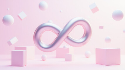 Abstract Infinity Symbol in 3D with Soft Colors and Geometric Shapes on a Pink Background
