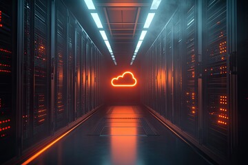 Futuristic server room with cloud symbol