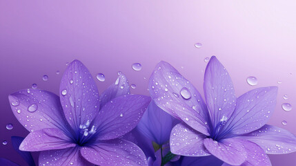 A close-up image of delicate purple flowers covered in fresh water droplets, set against a smooth purple gradient background