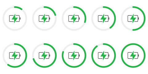 Circular Battery Charging Indicator Icons Set – Power Level Progress with Lightning Symbol in Vector Infographic Style