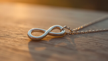 Silver Infinity Necklace on Wooden Surface Under Glowing Sunset Light
