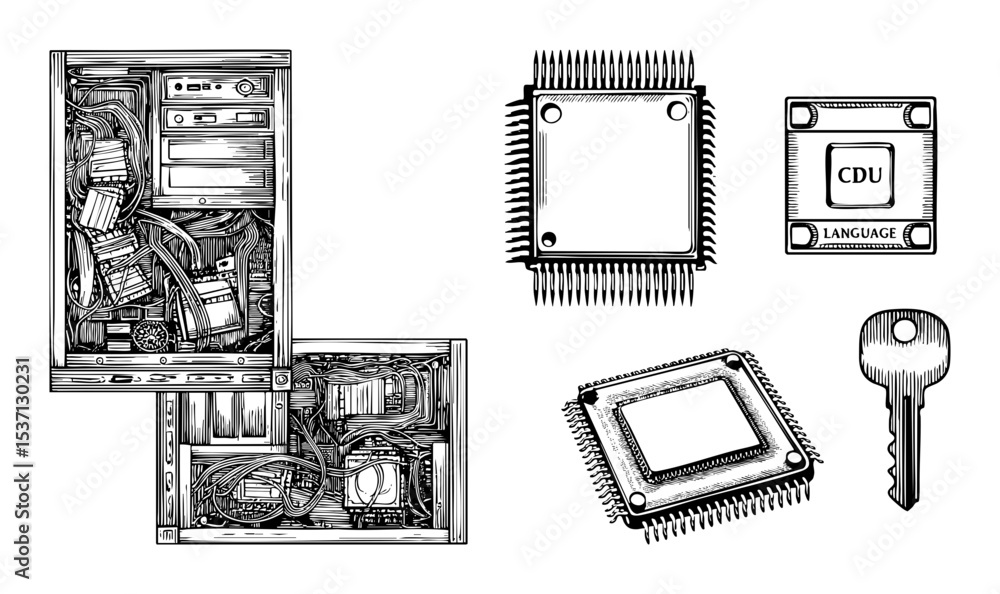 Poster vector detailed vector illustrations of computer components and a key.