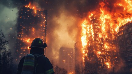 Firefighter confronting a massive urban fire engulfing high-rise buildings
