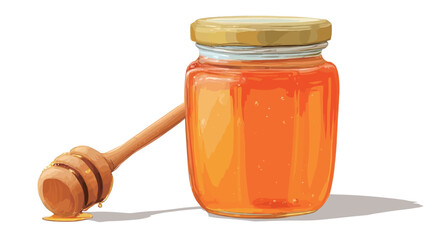 A digital illustration depicting a glass jar filled with honey, next to a wooden honey dipper. The honey is a rich amber color, and the jar has a light brown lid.  The dipper is positioned next to