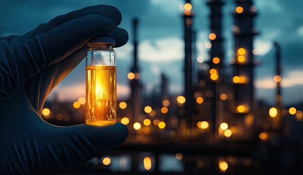 Chemical sample held against refinery backdrop