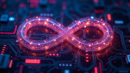 Abstract Infinity Symbol Surrounded by Futuristic Neon Circuits and Technology Elements