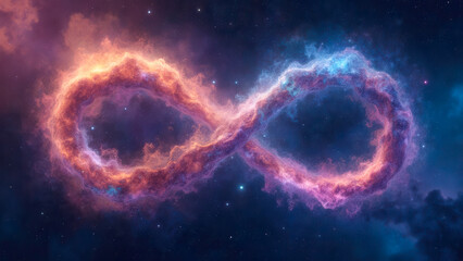 Cosmic Infinity Symbol Made of Colorful Nebula Clouds in a Starry Night Sky