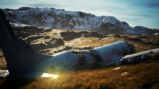 A wrecked plane lies on a rugged mountain slope, highlighting the dramatic aftermath of an aviation accident in a remote location.

