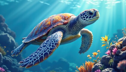 Fototapeta premium Underwater sea turtle swimming in coral reef ocean environment nature photography vibrant colors