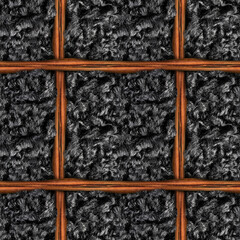 Seamless 4k photo material texture of black astrakhan fur with leather straps mesh.