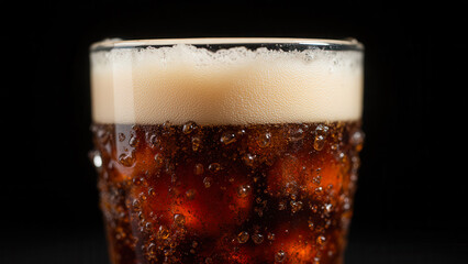 Refreshing Glass of Dark Carbonated Beverage with Bubbles and Creamy Foam on Top